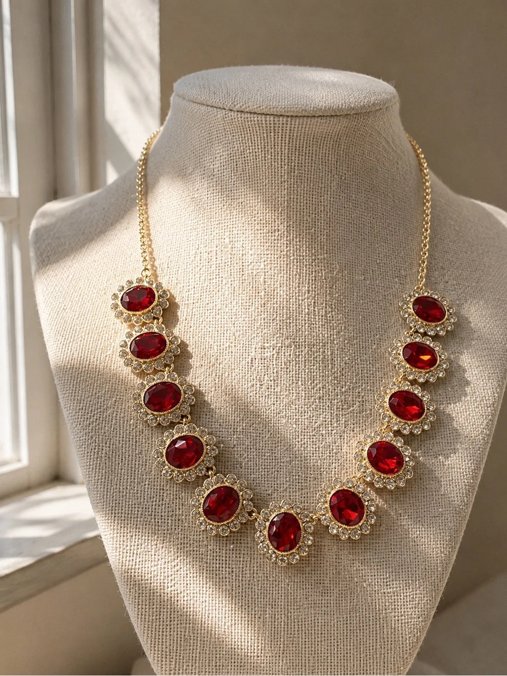 Monet Gold-Tone Necklace with Deep Red Gemstones